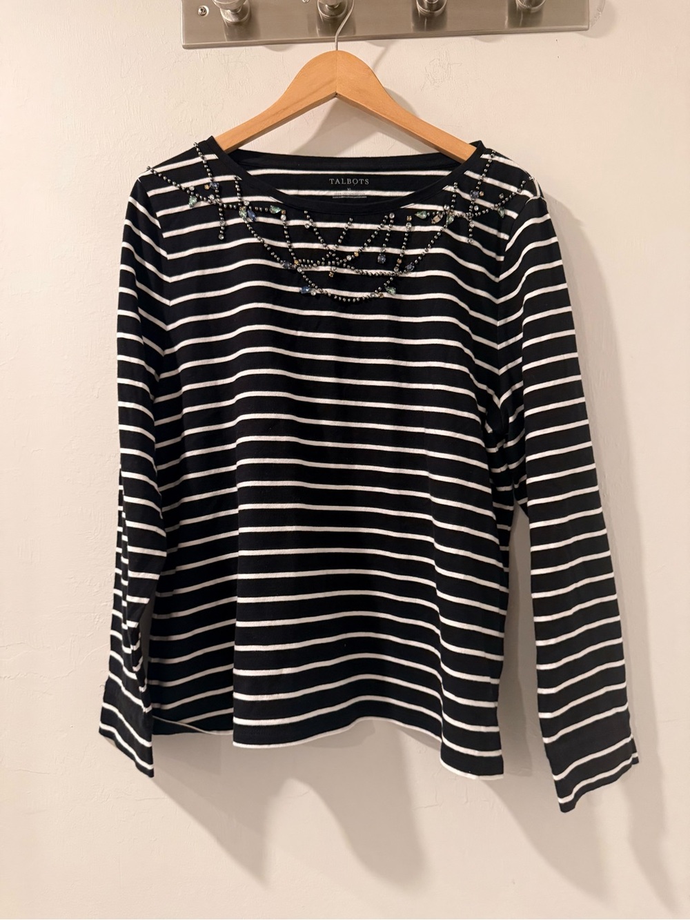 Talbots Black & White Striped Boatneck Top with Beaded Neckline